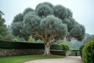 Eucalyptus Cider Gum aux feuilles bleutées argentées dans un jardin français avec mur en pierre et allée de gravier