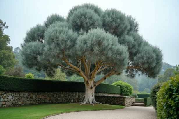 Eucalyptus Cider Gum aux feuilles bleutées argentées dans un jardin français avec mur en pierre et allée de gravier