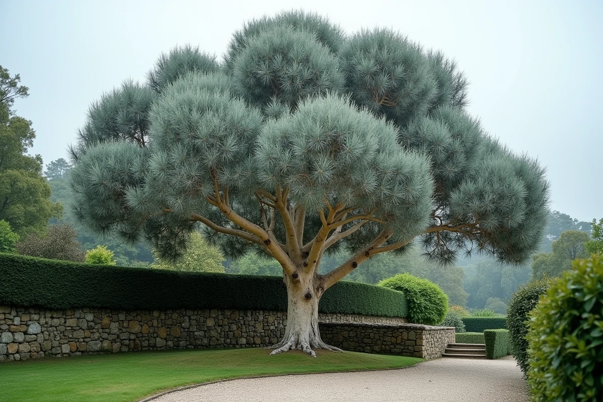 Eucalyptus Cider Gum aux feuilles bleutées argentées dans un jardin français avec mur en pierre et allée de gravier