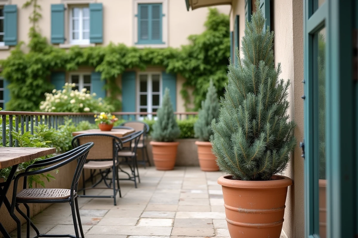 Jeune eucalyptus Cider Gum en pot sur une terrasse française avec mobilier en fer forgé et carrelage en calcaire