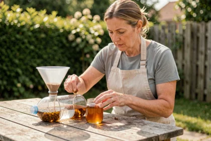 Femme fabriquant un piège à guêpes artisanal avec une bouteille en plastique dans un jardin français