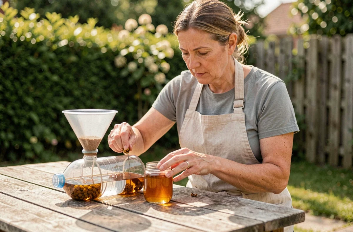 Femme fabriquant un piège à guêpes artisanal avec une bouteille en plastique dans un jardin français