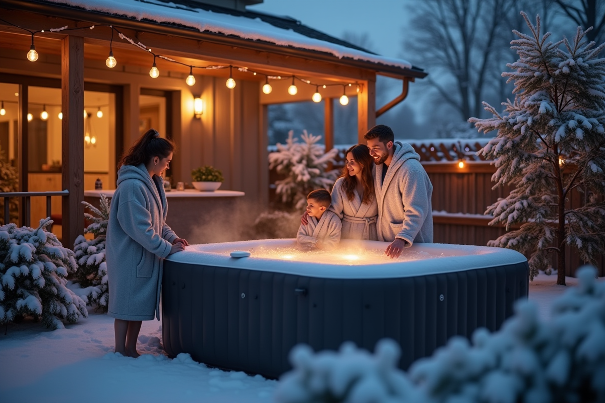 Famille près du spa gonflable en soirée d