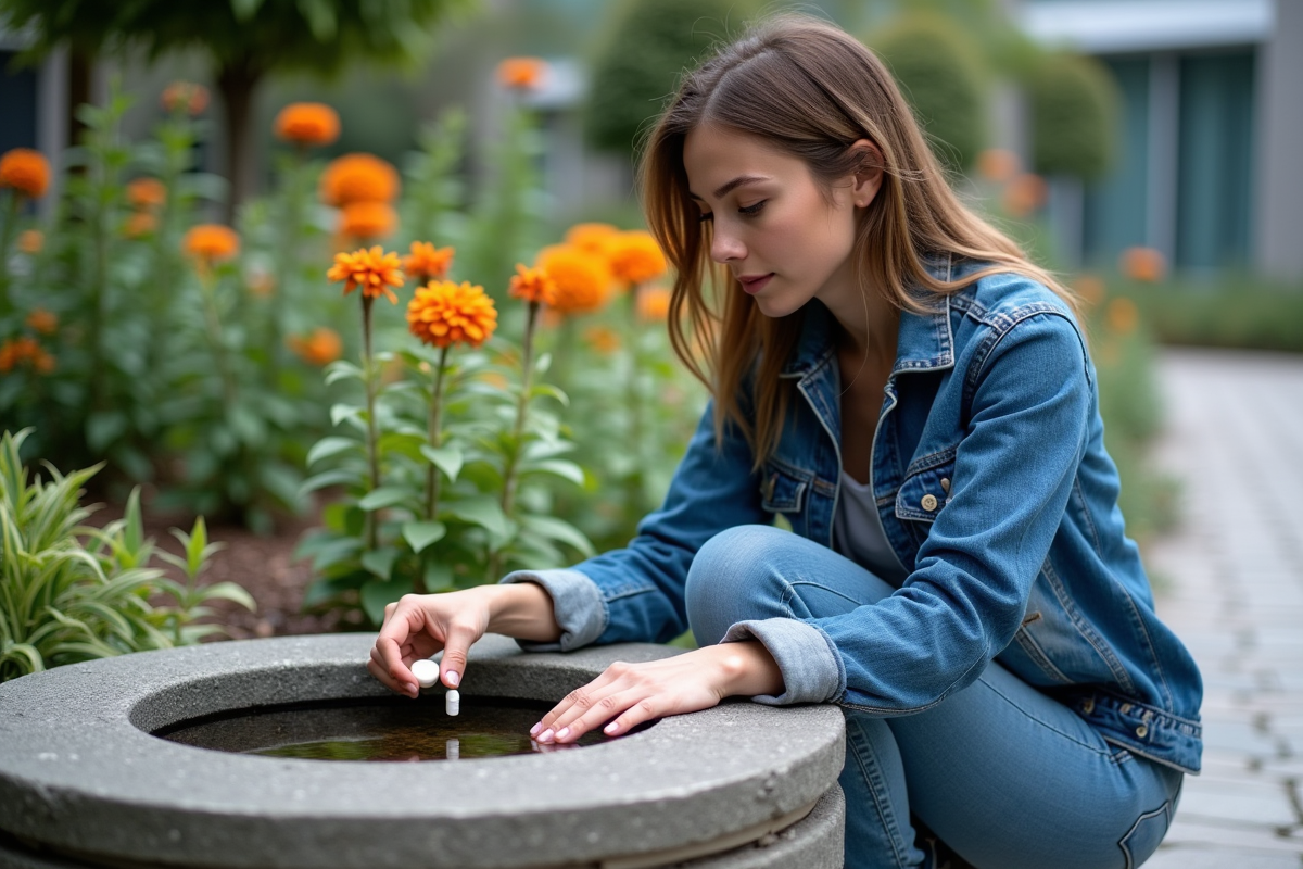 Femme ajoutant une tablette dans un réservoir d