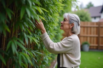 Femme d'âge moyen touchant un mur de bambou dense et vert
