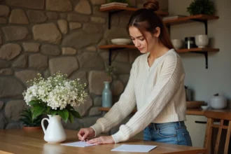Femme posant avec un bouquet de fleurs blanches dans un intérieur cosy