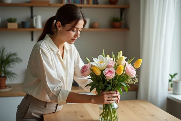 Femme arrangeant un bouquet dans une cuisine chaleureuse