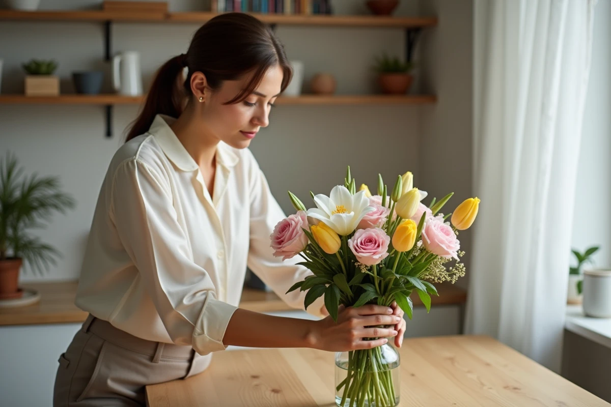 Femme arrangeant un bouquet dans une cuisine chaleureuse
