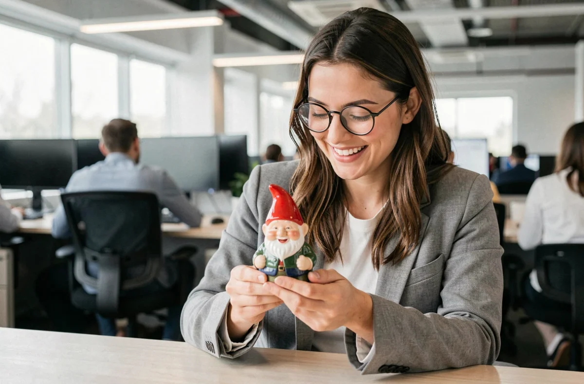 Femme souriante tenant un nain de jardin dans son bureau, illustrant une pause de détente anti-stress en milieu professionnel