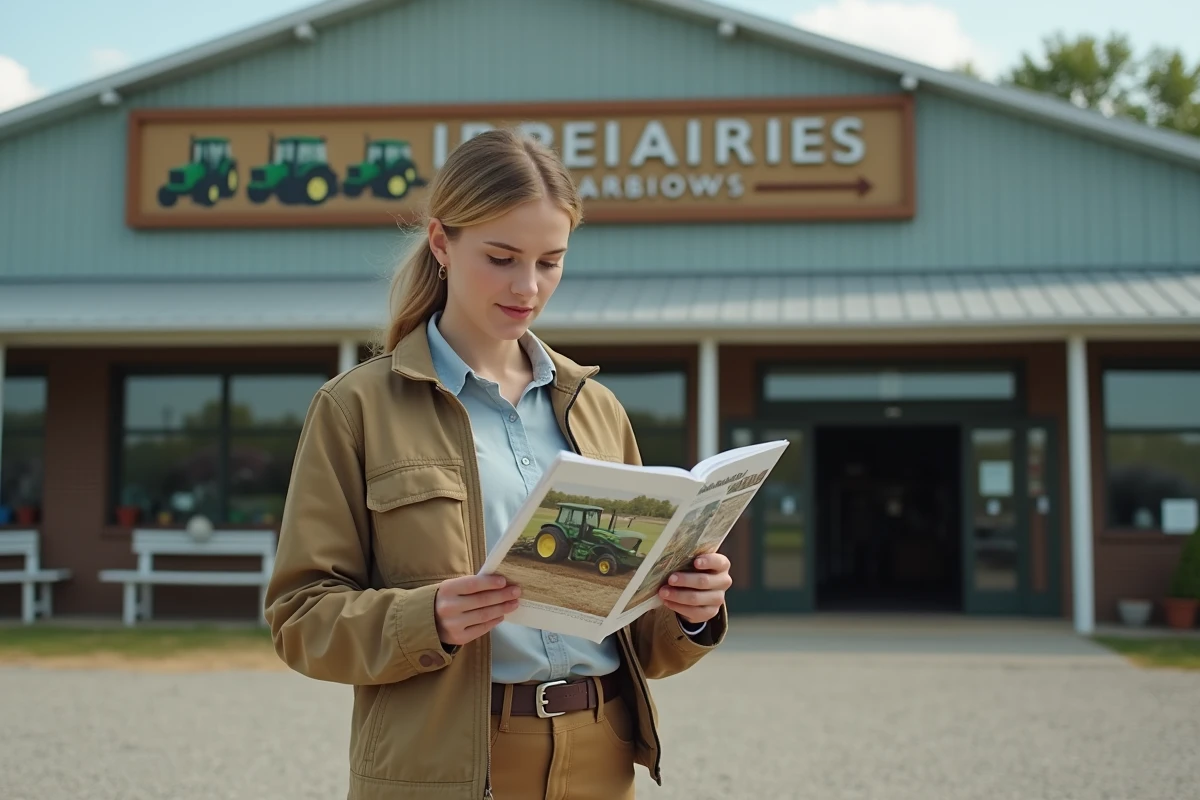Femme consultant un catalogue devant une boutique de matériel agricole en milieu rural