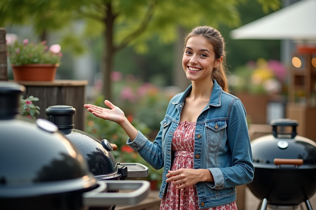 Jeune femme comparant deux barbecues en magasin