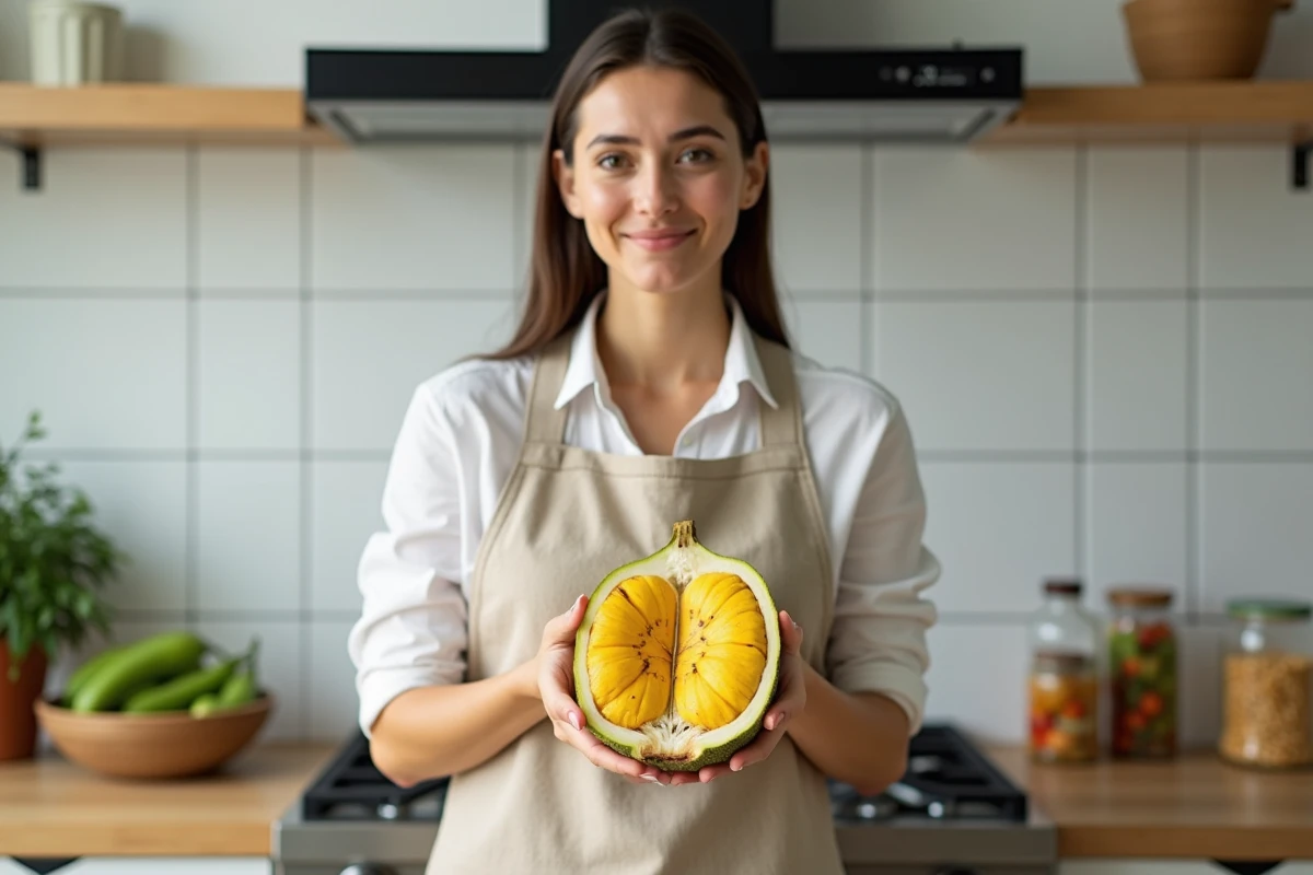 Femme tenant un jacquier coupé en deux dans une cuisine moderne avec des légumes en J sur le comptoir