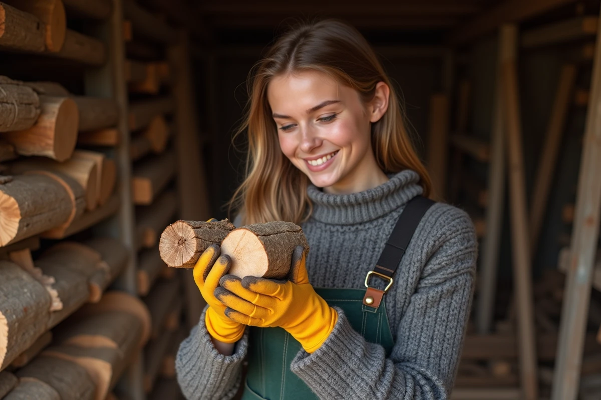 Jeune femme inspectant un tronçon de bois dans le bois