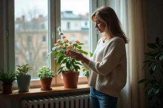 Femme inspectant une azalee fanée dans un salon