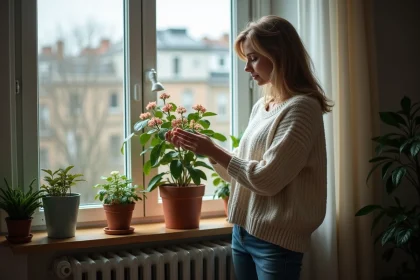 Femme inspectant une azalee fanée dans un salon
