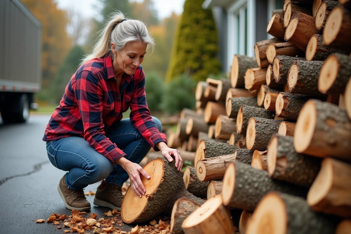 Femme inspectant la coupe d'une bûche de bois livré pour évaluer son taux d'humidité et estimer le poids réel du stère