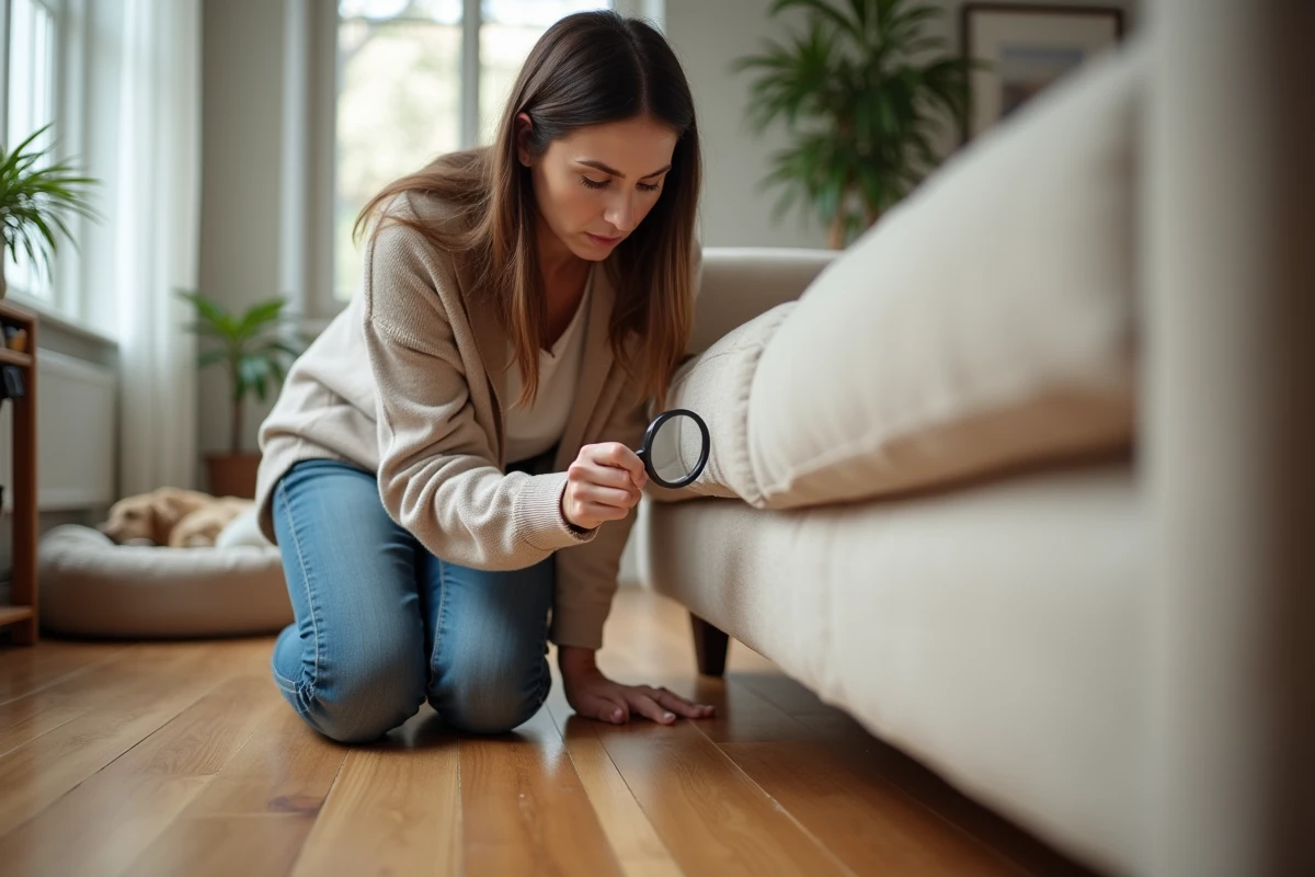 Femme inspectant un canapé à la maison avec une loupe pour détecter des puces noires sauteuses, traitement maison contre les parasites