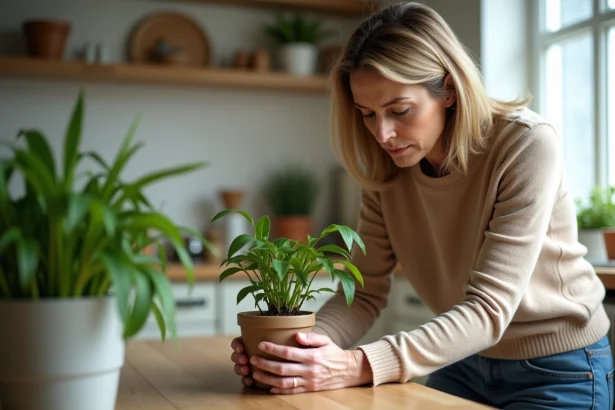 Femme inspectant une plante flétrie sur la table de cuisine