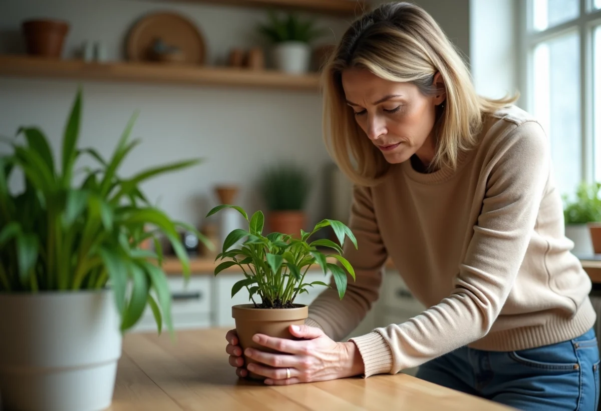 Femme inspectant une plante flétrie sur la table de cuisine