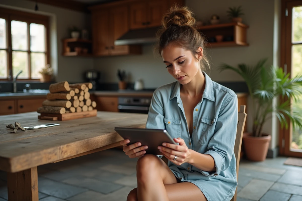 Femme vérifiant facture de bois de chauffage à la maison