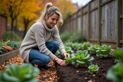 Femme en pull tricoté plantant du chou kale en automne