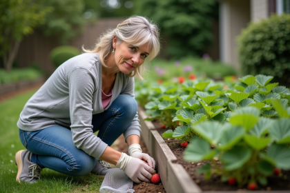 Femme en jardinage avec filet sur les fraises