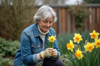 Femme en jardin comparant narcissus et jonquilles