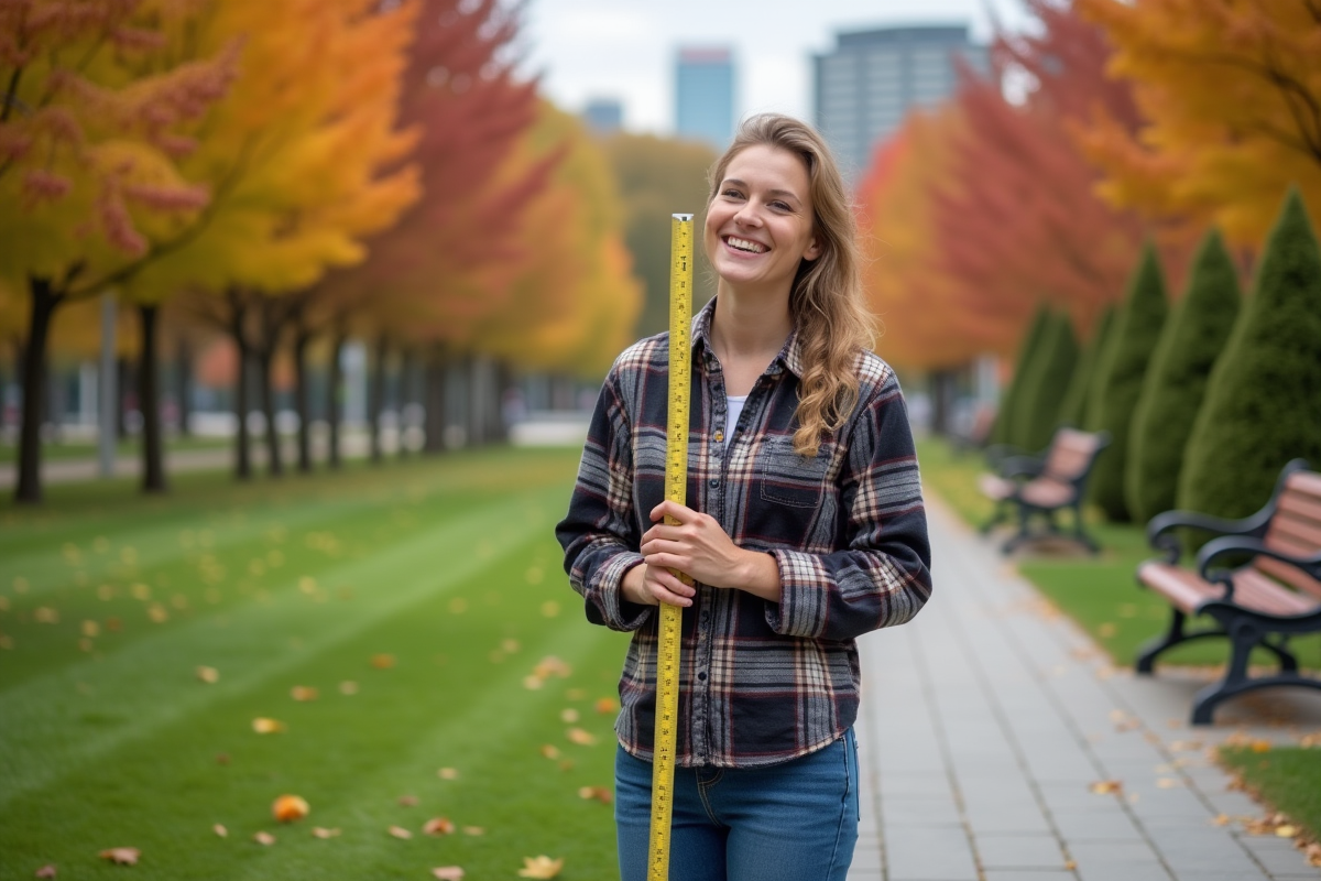 Femme souriante mesurant la hauteur de la pelouse en ville
