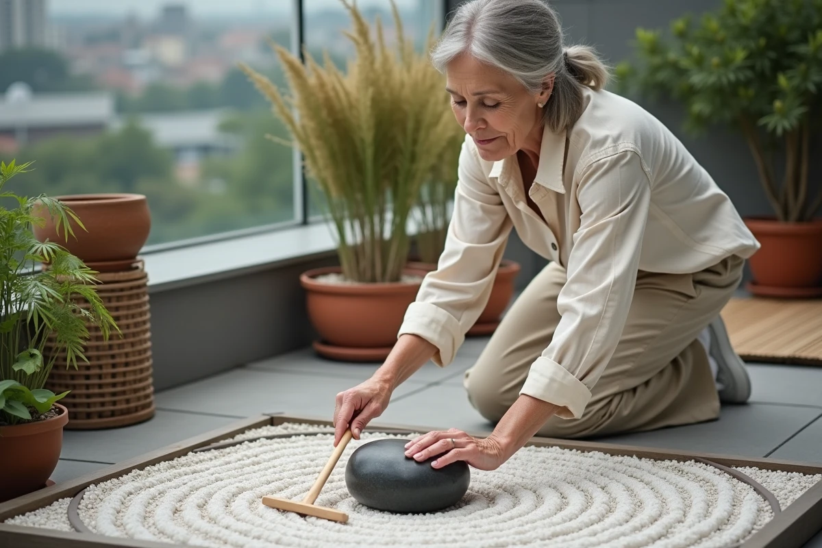Femme aménageant un petit jardin zen de balcon avec des graviers blancs ratissés et une pierre de basalte centrale