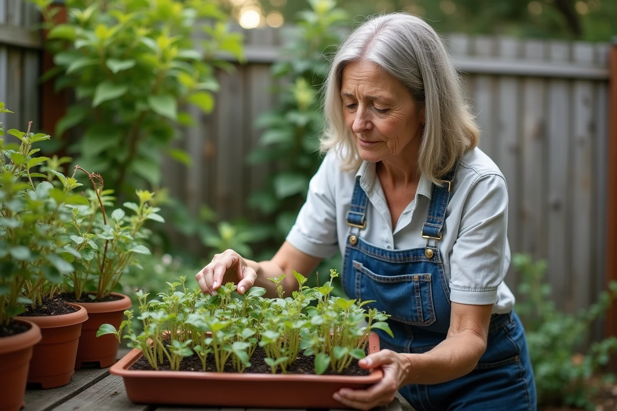 Femme en salopette inspectant des bougainvillées dans son jardin