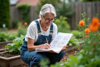 Femme en jardinage étudiant un calendrier lunaire dans le jardin