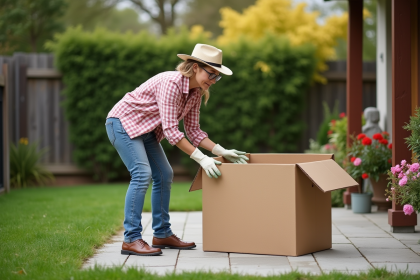 Femme en jardinage inspectant une boîte en plein air