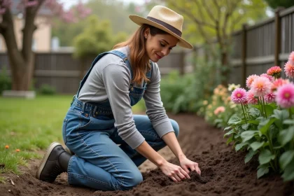Femme en jardinage avec dahlia dans un jardin printanier