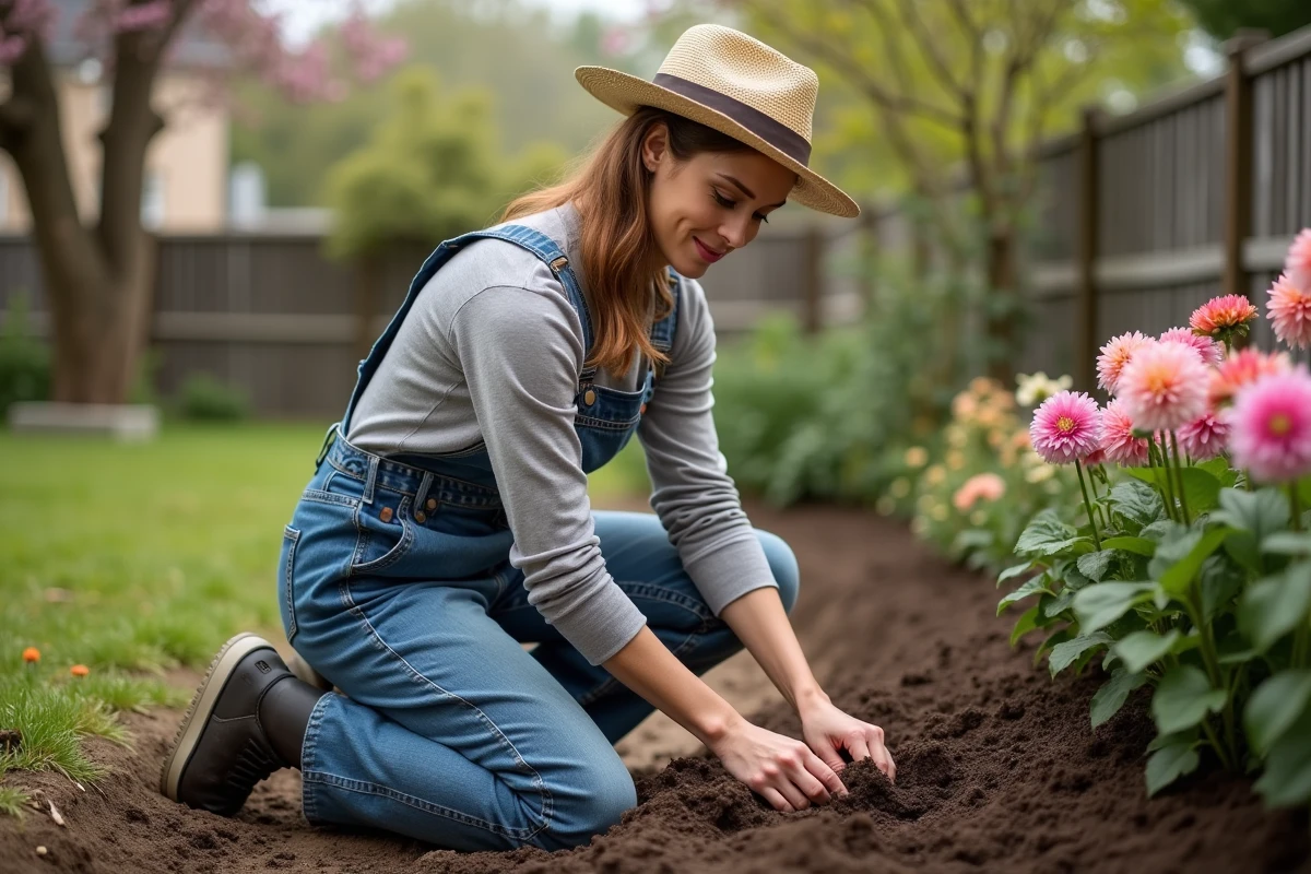 Femme en jardinage avec dahlia dans un jardin printanier