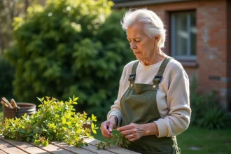 Femme examinant un laurier fané dans son jardin