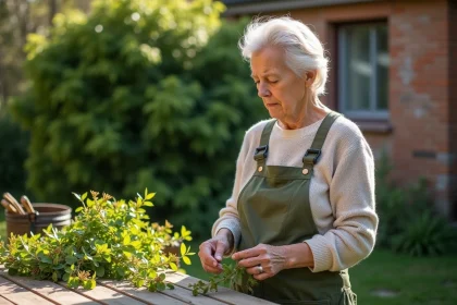 Femme examinant un laurier fané dans son jardin
