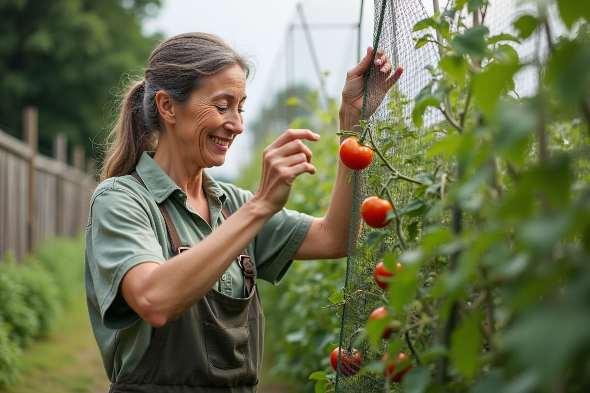 Femme en jardinage posant avec filet sur tomates