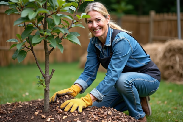 Femme française étalant du mulch autour d'un jeune pommier