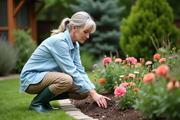 Femme en jardinage examinant des plantes dans un jardin