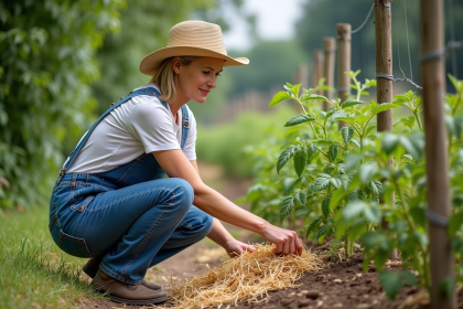 Femme en salopette et chapeau de soleil arrosant tomates dans un jardin
