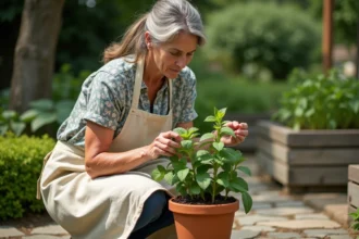 Femme jardinière examinant des feuilles de menthe qui noircissent dans un pot en terre cuite au jardin
