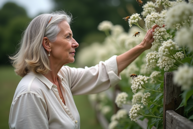 Femme d'âge moyen observant des fleurs de sureau en plein floraison