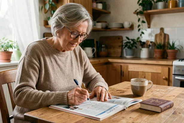 Femme âgée remplissant une grille de mots fléchés à la table de cuisine avec un stylo et un dictionnaire