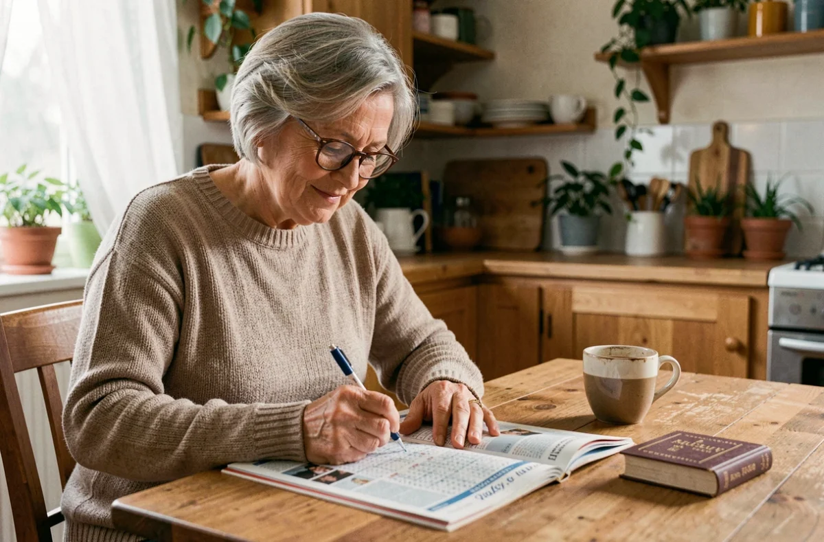 Femme âgée remplissant une grille de mots fléchés à la table de cuisine avec un stylo et un dictionnaire