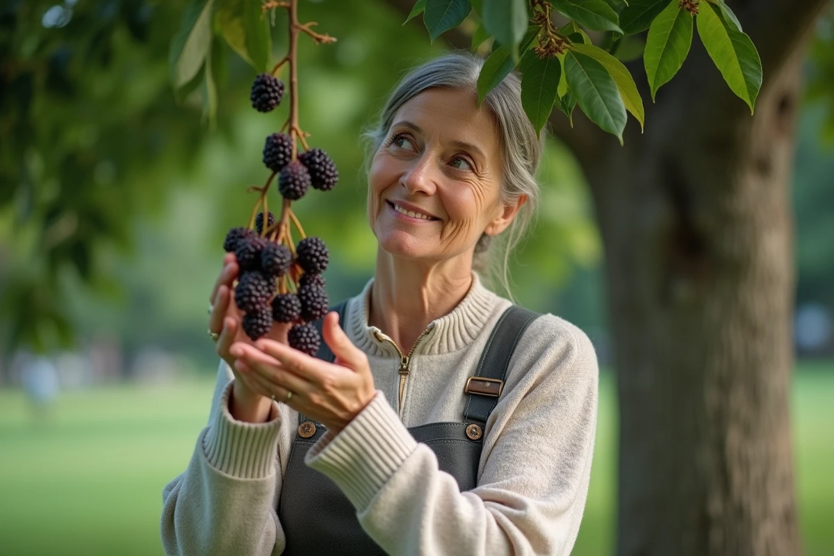 Femme tenant des mûres pourpre dans un parc
