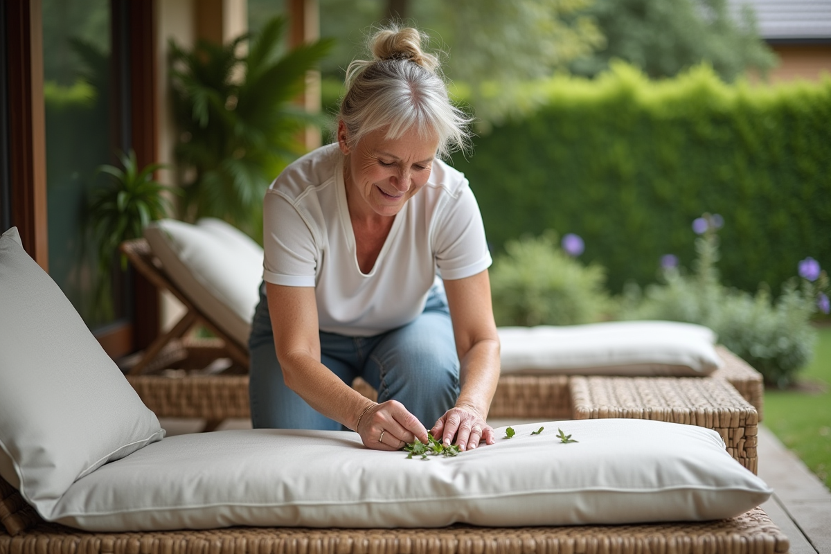Femme nettoyant des coussins d'extérieur sur un patio