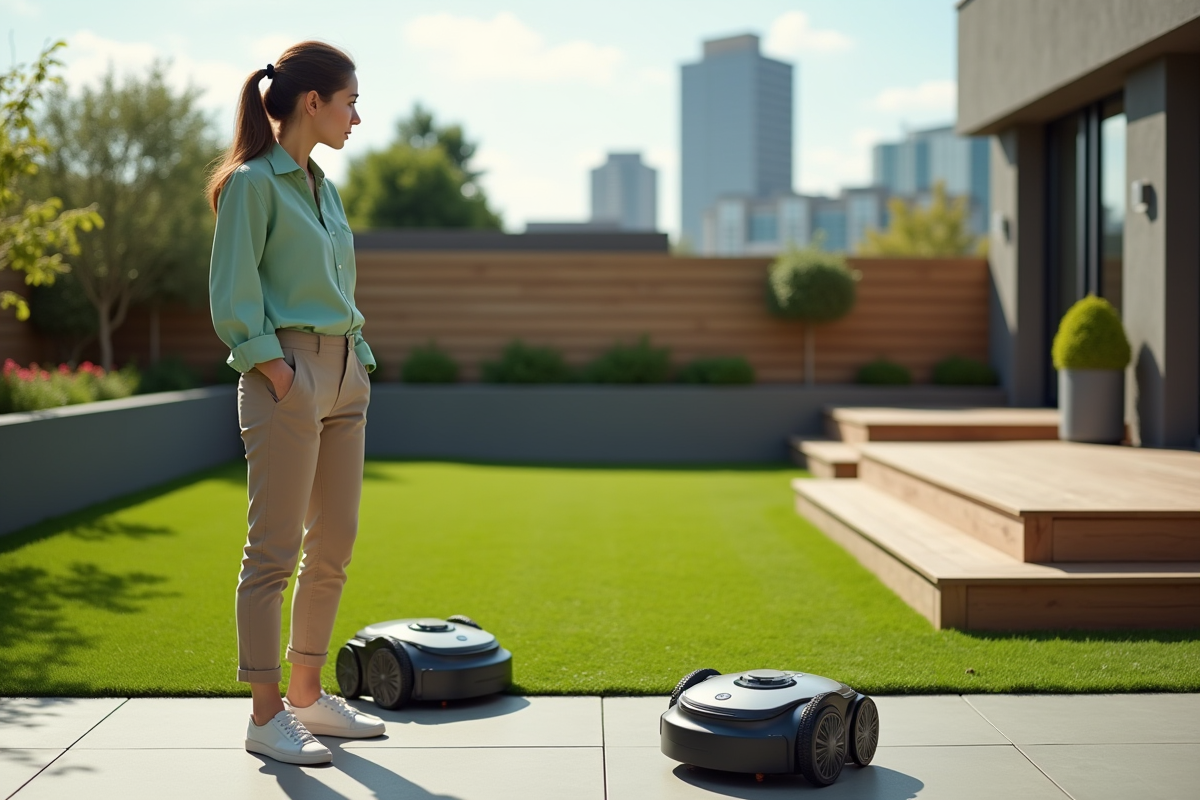 Femme regardant deux tondeuses robot dans le jardin moderne