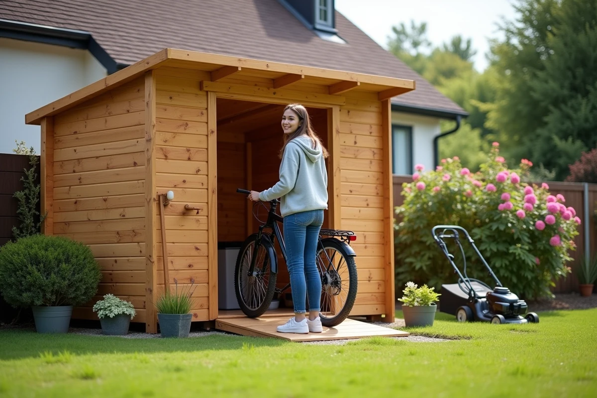 Femme déposant sa bicyclette dans un abri de jardin en bois