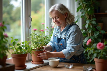 Femme en overalls tendant ses plantes d'intérieur