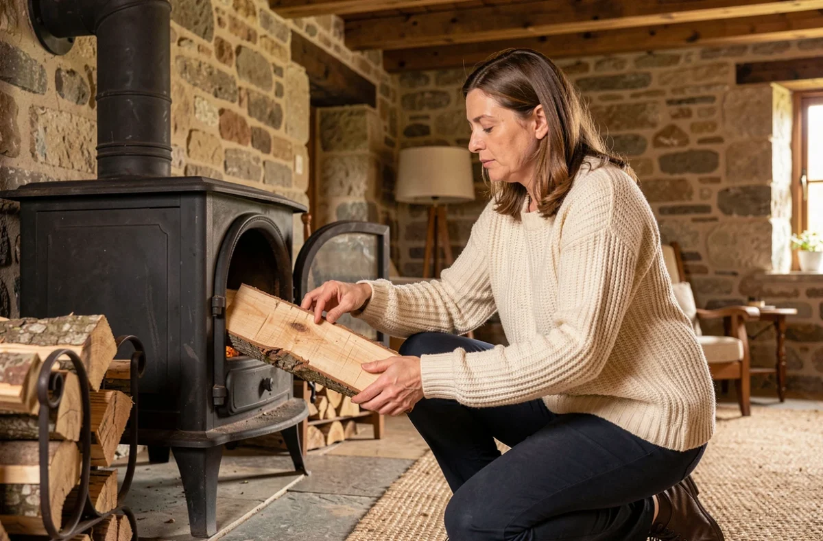 Femme alimentant un poêle à bois avec une bûche de chêne dans un salon rustique en pierre